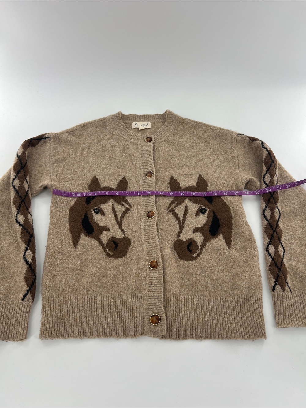 Marled Beige Horse-Intarsia Wool Blend Cardigan Sweater Western Coastal Cowgirl - Picture 4 of 7